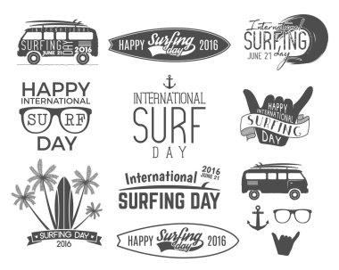 Summer surfing day graphic elements. Vacation typography emblems set. Surfer party with surf symbols - shaka sign, rv style car, board graphic, palms. Best for web design or print on t-shirt