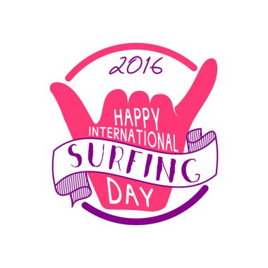 Summer international surfing day 2016 tattoo design. Vector Vacation typography print emblem. Surfer party with surfing symbol - shaka. Best for web design, tee or print on t-shirt. Surf emblem design