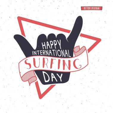 Summer surfing day tattoo design. Vector surfing Vacation monochrome design typography print emblem. Surfer party with surf symbol - shaka sign. Best for web design or print on t-shirt. Retro design