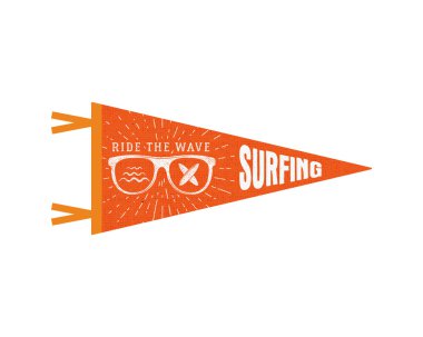 Surfing pennant. Summer Pennant flag design. Vintage surf emblem with glasses, longboard, sunburst. Ride the wave pennant. Summer symbols isolated. Retro surfboard icon, label design