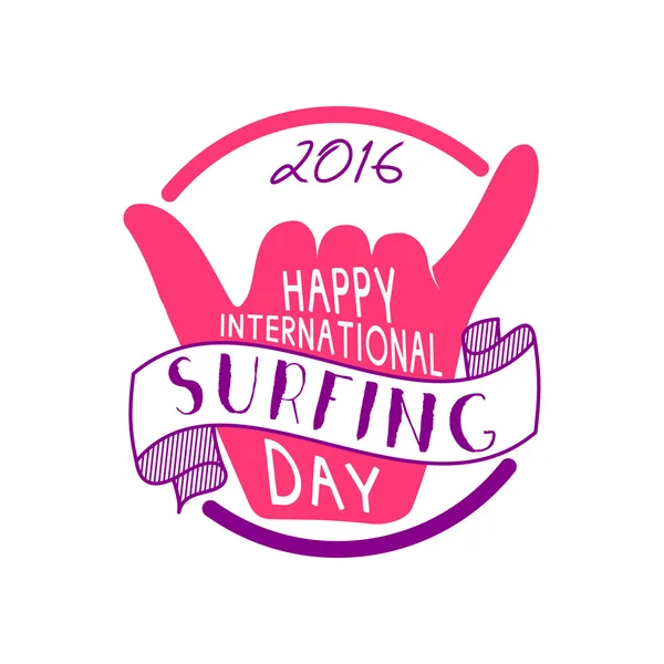 Summer international surfing day 2016 tattoo design. Vector Vacation typography print emblem. Surfer party with surfing symbol - shaka. Best for web design, tee or print on t-shirt. Surf emblem design — Stockvektor