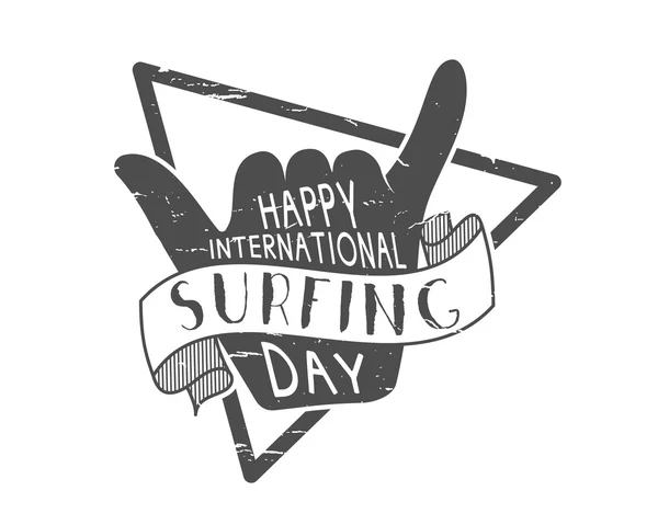 Summer surfing day tattoo design. Vector Vacation monochrome design typography print emblem. Surfer party with surf symbol - shaka sign. Best for web design or print on t-shirt — Stockvektor