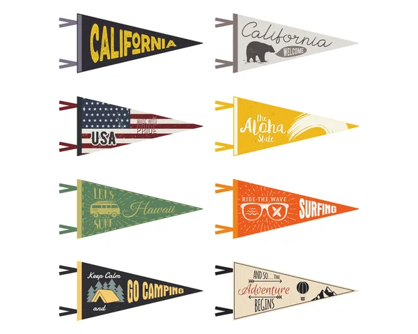 Set of adventure pennants. Vector Pennant explore flags design. Vintage surf, caravan, rv templates. USA, california pennant with summer camp symbols trailer, signpost, bear. Summer hawaii old style. — Vector de stock