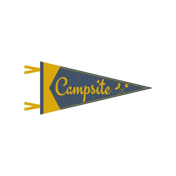 Adventure pennant. Campsite Pennant. Explorer flag design. Vintage camping template. Travel style pennant with summer camp symbols tent, trees. For Summer campsite or campground old style — Stock Vector