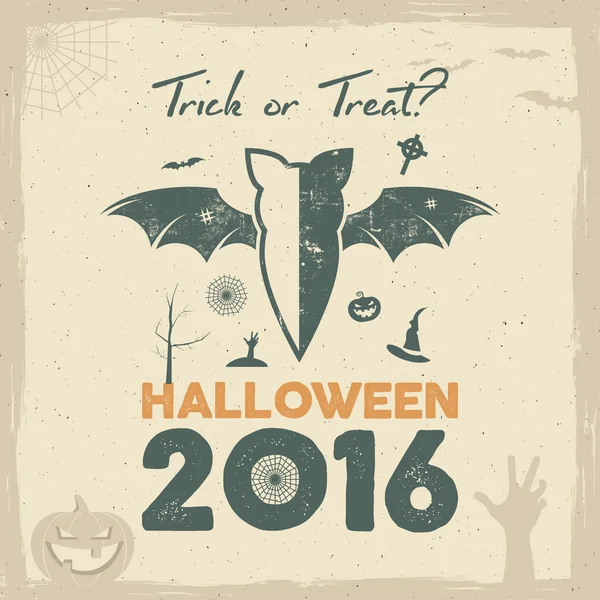 Veselý Halloween 2016 plakát. Koledu nebo vám něco nápisy a halloween symbolům - bat, dýně, ruka, klobouk čarodějnice, pavučina a další. Retro nápis, strana letáku designu. Vektorové ilustrace. — Stockový vektor