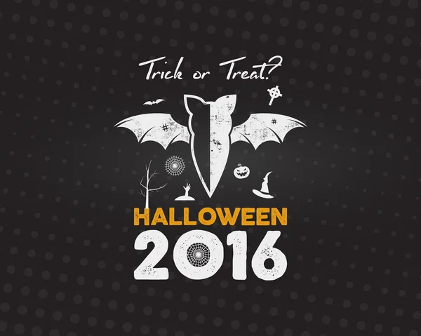 Happy Halloween 2016 Poster. Trick or treat lettering and halloween holiday symbols - bat, pumpkin, hand, witch hat, spider web and other. Retro banner, party flyer design. Vector illustration - Stok Vektor