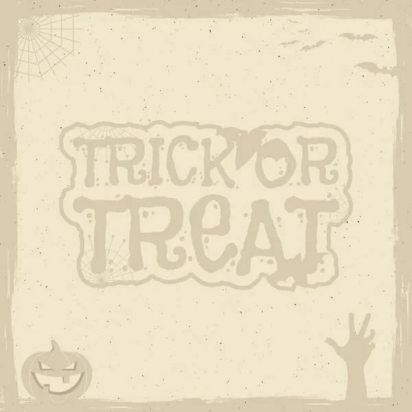 Happy Halloween Poster template with holiday symbols - bat, pumpkin, hand, witch hat, spider web and other. Trick or treat text. Use as retro banner, party flyer design etc. Vector illustration. - Stok Vektor