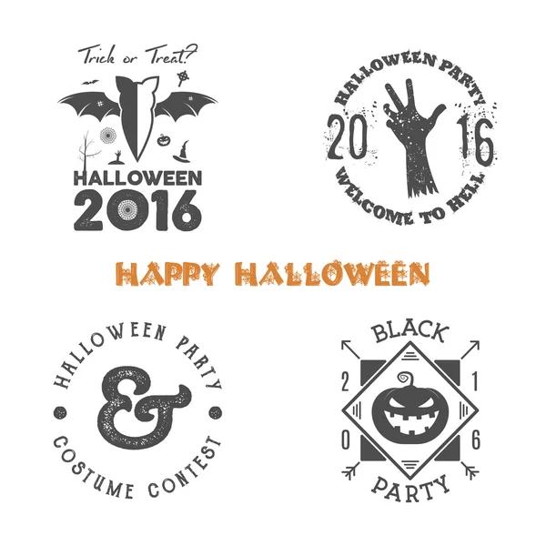 Halloween 2016 partij label sjablonen met enge symbolen - zombie hand, vleermuis, spin web, pompoen en typografie elementen. Gebruik voor partij posters, flyers, uitnodigingen. T-shirt, tee en andere identiteit — Stockvector