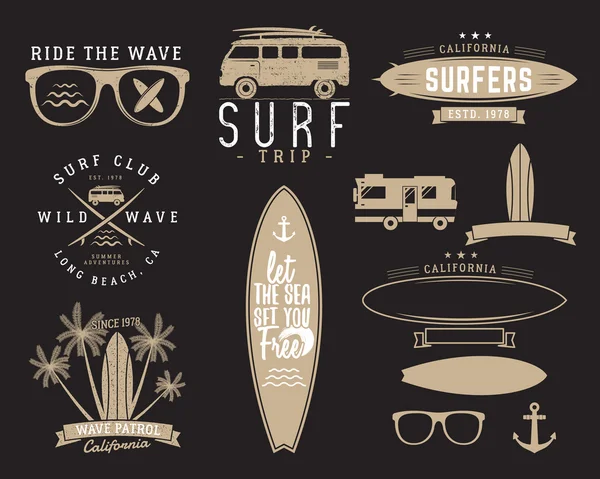 Vintage sörf grafik ve amblemler için web tasarım kümesi veya yazdırabilirsiniz. Sörfçü, beach tarzı logo tasarımı. Sörf rozeti. Sörf tahtası mühür, öğeleri, sembolleri. Yaz insignias. Vektör hipster renkleri.
