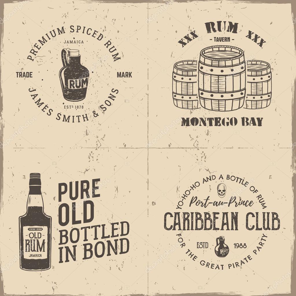 Set of vintage handcrafted pirates emblems, labels, logos. Isolated on a scratched paper background. Sketching filled style. Pirate and sea symbols - old rum bottles, barrels, skull. Vector.