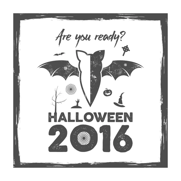 Happy Halloween 2016 Poster. Are you ready lettering and halloween holiday symbols - bat, pumpkin, hand, witch hat, spider web and other. Old banner, party flyer design. Vector illustration. — Stock vektor