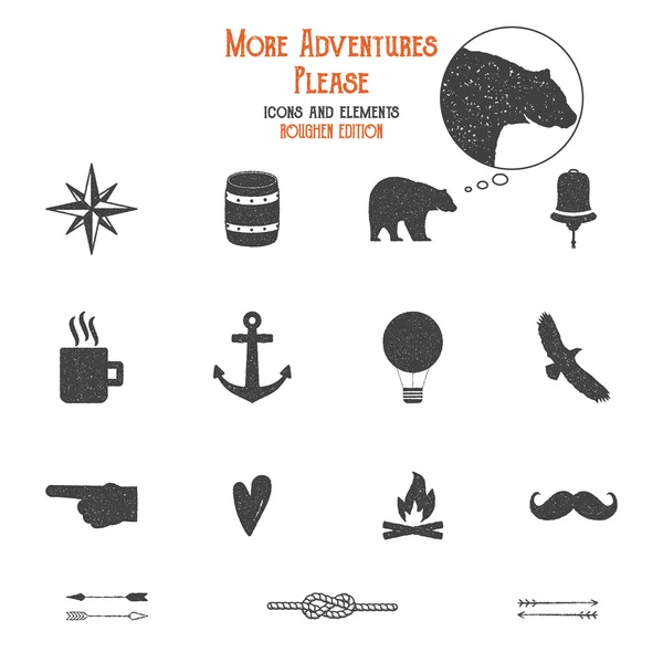 Outdoor icons and elements set for creation hiking, camping logo other designs. Solid flat vectors isolated. Travel symbols gear. Hipster adventure filled . Create own badge, insignias. Grunge edition — ストックベクタ