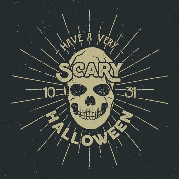 Halloween 2016 party label template with skull, sun bursts and typography elements on dark background. Vector text with retro grunge effect. Stamp for scary holiday celebration. Print on t shirt, tee — Stock vektor