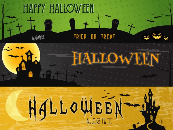Three Halloween landscape banners. Green, dark and orange designs. Can be use on web, print. As invitation, flyer card, halloween poster. Creepy design for celebration holiday. Vector illustration - Stok Vektor