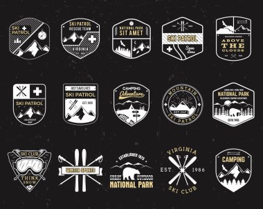 Stamps for outdoors camp. Different tourism hipster style patch and badges. Expedition emblem. Winter or summer ski patrol graphic. Snowboarding insignia. First aid mountain rescue logo for web, print