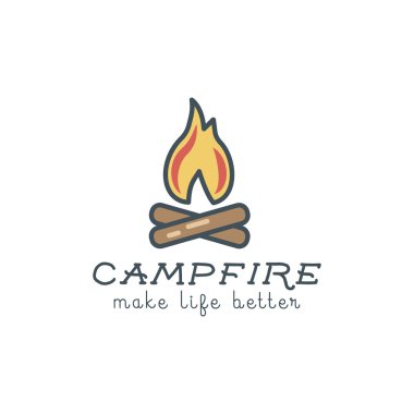 Camping logo design with typography and travel elements - campfire. Vector text - make life better. Hiking trail, backpacking symbols in retro flat colors. Nice for prints, tee design