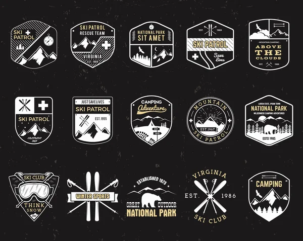 Stamps for outdoors camp. Different tourism hipster style patch and badges. Expedition emblem. Winter or summer ski patrol graphic. Snowboarding insignia. First aid mountain rescue logo for web, print