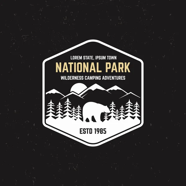 Stamp for national park, outdoor camp. Tourism hipster style patch, badge. Expedition emblem. Winter or summer campsite graphic. Campground insignia. Adventure logo for web, print t shirt, tee design — Stock Vector