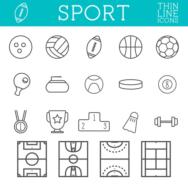 Sport outline icons, trendy thin line design, isolate on white background. Soccer, volley ball, basketball, hockey and other games. Use on web and mobile application, infographics. Vector line art — Archivo Imágenes Vectoriales