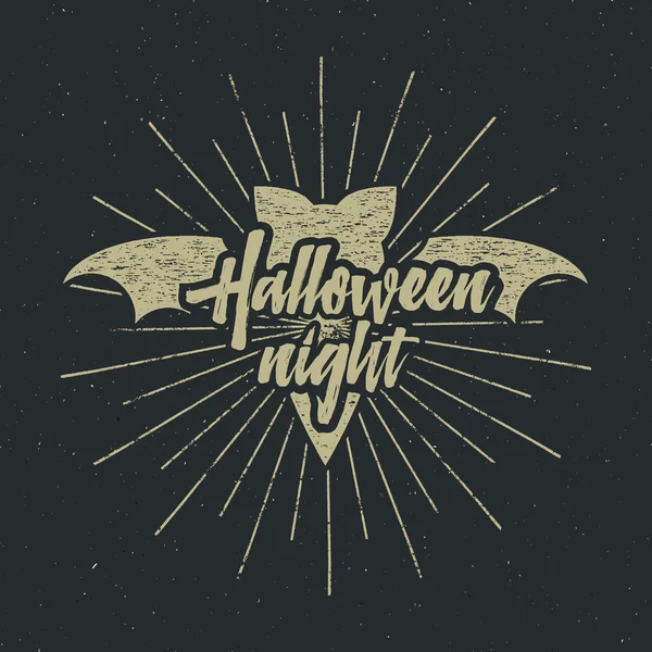 Halloween party night label template with bat, sun bursts and typography elements on dark background. Vector text with retro grunge effect. Stamp for halloween cards, holiday prints, tee, t shirts — Wektor stockowy