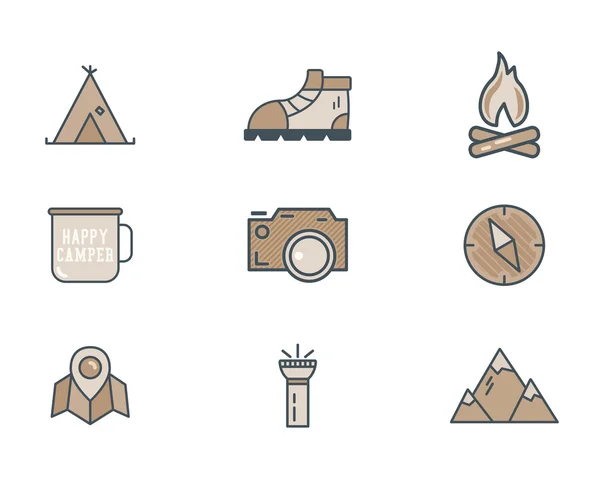 Mountain explorer camp icons in flat style. Travel, hiking, climbing pictograms. Retro color design. Best for outdoor adventure sites, magazines, tee, t shirt prints etc. Isolated vector. — Stockvector