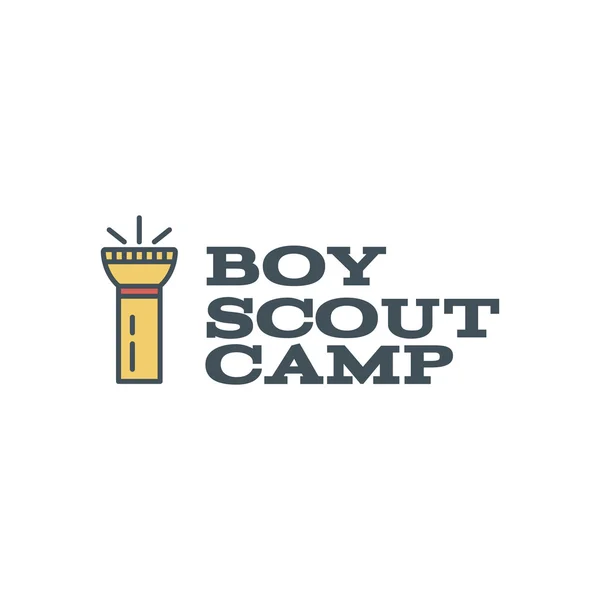 Boy scout camp logo design with typography and travel element - flashlight. Vector text. Hiking trail, backpacking symbols in retro flat colors. Nice for prints, tee design — Stock vektor
