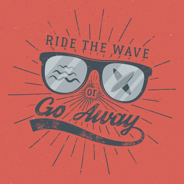 Vintage Surfing Poster for web design or print. Surfer glasses emblem, summer and typography sign - ride the wave or go away. Surf Badge on red background. Vector — Stockvector