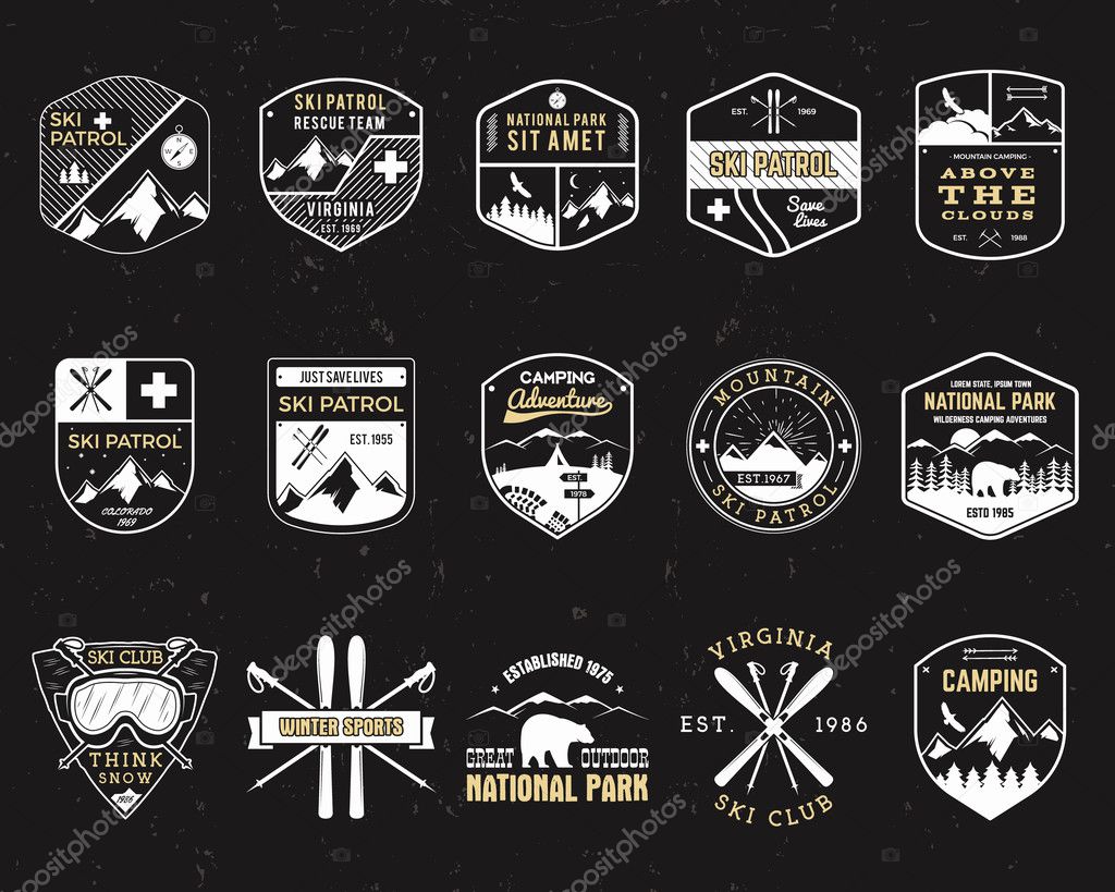 Stamps for outdoors camp. Different tourism hipster style patch and badges. Expedition emblem. Winter or summer ski patrol graphic. Snowboarding insignia First aid mountain rescue logo for web, print