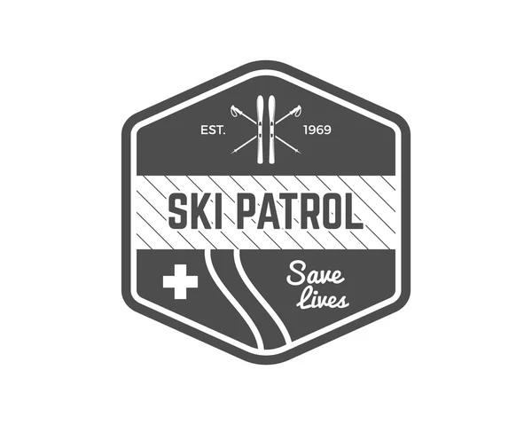 Ski Patrol Label. Vintage Mountain winter sports explorer badge. Outdoor adventure logo design. Travel hand drawn and hipster monochrome emblem. First aid icon symbol. Wilderness Vector — Vector de stock