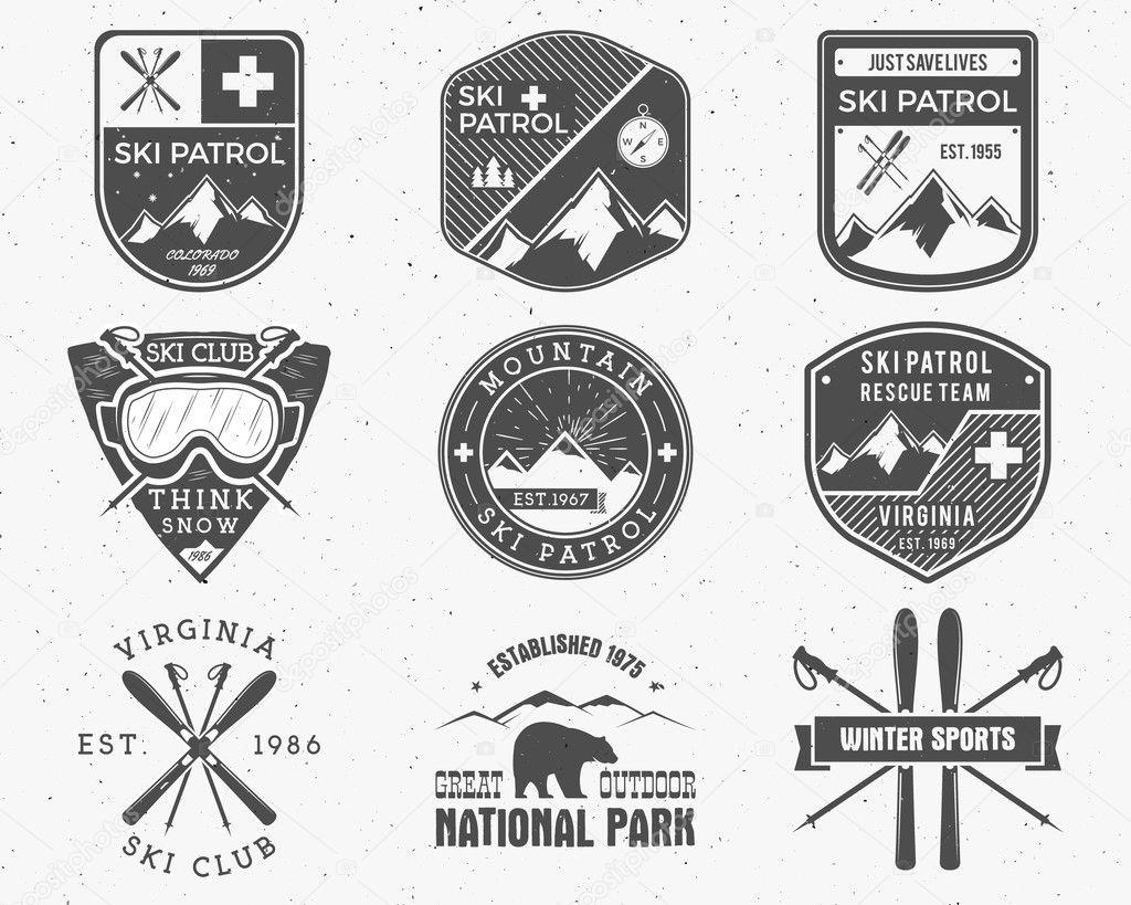 Outdoors camp stamp vector design. Tourism hipster patch and badges. Expedition emblem. Winter, summer Ski patrol graphic. Snowboarding, ski labels set. First aid mountain patrol logo for web, print