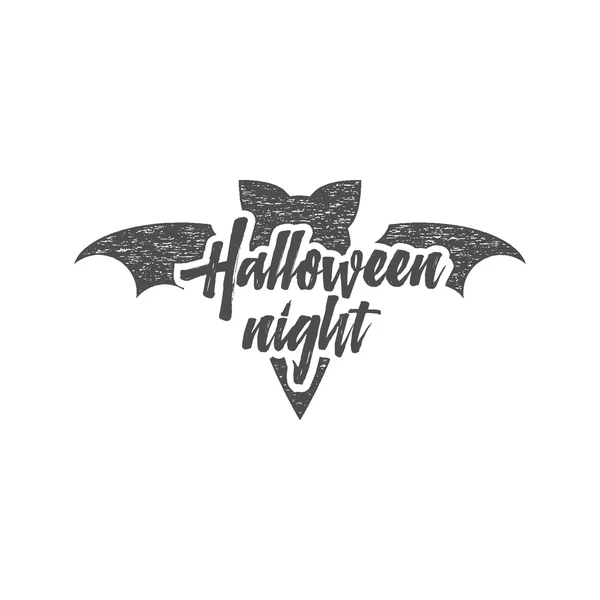 Halloween party night label template with bat, sun bursts and typography elements isolate on white. Vector text with retro grunge effect. Stamp for halloween cards, holiday prints, tee, t shirts — Stockvector