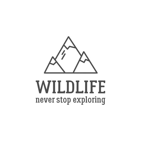 Camping logo design with typography and travel elements - mountain. Vector text - wildlife, never stop exploring. Hiking trail, backpacking symbols, monochrome colors. Nice for prints, tee design — 스톡 벡터