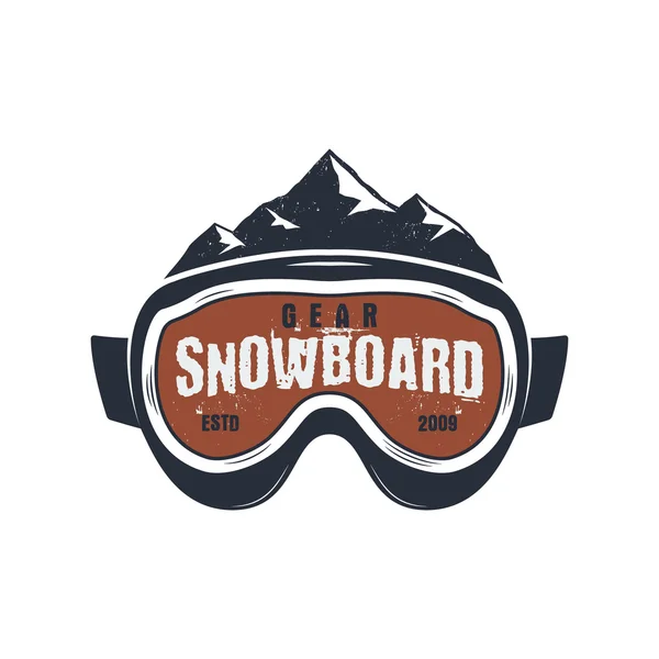 Snowboarding goggles extreme logo and label template. Winter snowboard sport store badge. Emblem and icon. Mountain Adventure insignia, patch. Vector vintage bright palette. Retro design — Vector de stock
