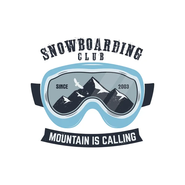 Snowboarding goggles logo and label template. Winter snowboard sport store badge. Extreme emblem and stamp. Mountain Adventure insignia, patch. Vector vintage bright palette. Retro design — Archivo Imágenes Vectoriales