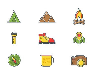 Summer and winter mountain explorer camp icons in flat style. Travel, hiking, climbing pictograms. Bright color design. Best for outdoor adventure sites, tee, t shirt prints etc. Isolated vector.