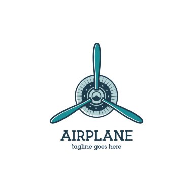 Airplane propeller logo template with radial engine. Retro Plane badge. Flat design for prints on t shirt, clothing apparel, web and other identity. Aviation stamp. Isolated on white background.Vector