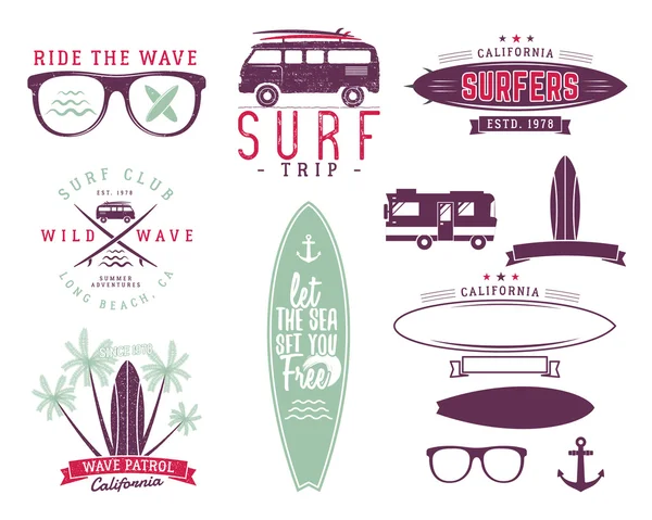 Set of Vintage Surfing Graphics and Emblems for web design or prints. Surfer, beach style logo design. Surf Badge. Surfboard seal, elements, symbols. Summer insignias. Vector hipster pastel colors. — Vettoriale Stock