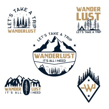 Eski kamp logoları, dağ rozetleri. El yapımı etiketler, tasarımlar. Seyahat gezisi, seyahat tutkusu ve sırt çantası. Açık hava yürüyüş amblemleri. Logot koleksiyonu. Stok vektörü izole edildi.