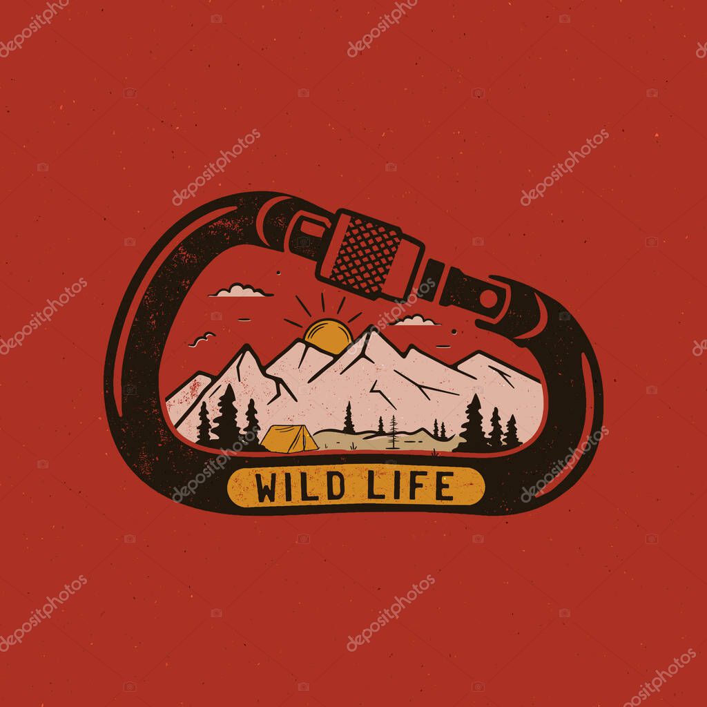Wild life Logo Design print. Mountain adventure scene badge inside the carabiner. Wilderness patch. Camp design for t-shirt, other prints. Outdoor insignia label. Stock vector.