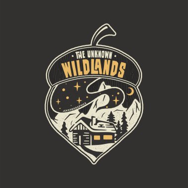 Kamp rozeti meşe palamudu tasarımı. Açık hava logosu, tişört için bilinmeyen yabani topraklar. Retro dağlar, orman evi dahil. Alışılmadık hipster tarzı yama. Stok vektör amblemi