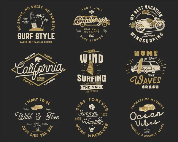 Vintage Surfen Graphics Set en Emblemen voor web design of print. Surfer logo sjablonen. Surf Badges. Zomer typografie insigne collectie voor t-shirt. Stock Vector hipster patches geïsoleerd — Stockvector