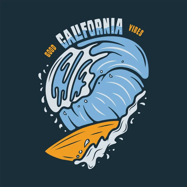 빈티지 서핑은 티셔츠와 다른 용도를 위한 디자인을 프린트 한다. 좋은 California Vibes typography quotes and surfboard into the waves. 좋은 California Vibes 타이포그래피 인용과 서핑 보드. 흔치 않은 손으로 그린 파도타기 그래픽 패치 엠블렘. 증권 벡터 — 스톡 벡터