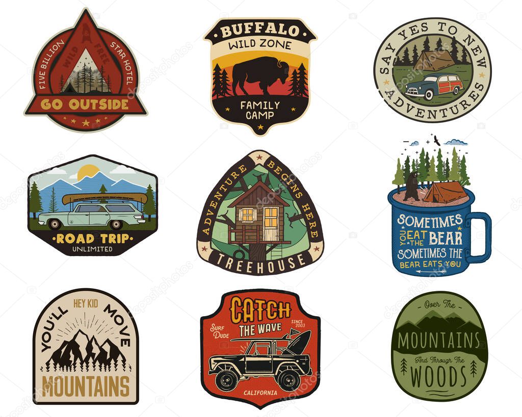 Vintage travel logos patches set. Hand drawn camping labels designs. Mountain expedition, road trip, surfing. Outdoor hike emblems. Hiking logotypes collection. Stock vector isolated on white