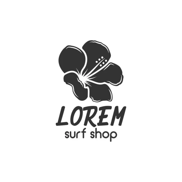 Vintage Surfing Store Design distintivo. Negozio di attrezzi da surf Emblema per il web design o la stampa. Disegno logo fiore retrò. Attrezzatura da surf Etichetta. Francobollo floreale surfista. Insegne estive. Pittogramma vettoriale di surf hipster — Vettoriale Stock