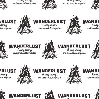 Gezgin Tutku Şablonu Tasarımı - Kamp ateşi ve seyahat tutkusu alıntılarıyla kusursuz arka plan macerası. Sıkıntılı bir tarz. Kamp macerası tişörtü, giysi, ambalaj, parmak izi için güzel. Stok vektörü