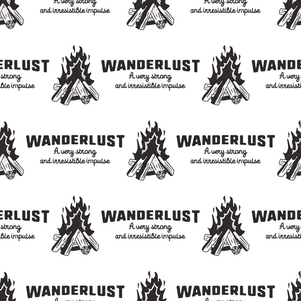 Wanderlust Pattern Design Outdoors Adventure Seamless Background Campfire Wanderlust Quotes — Stock Vector