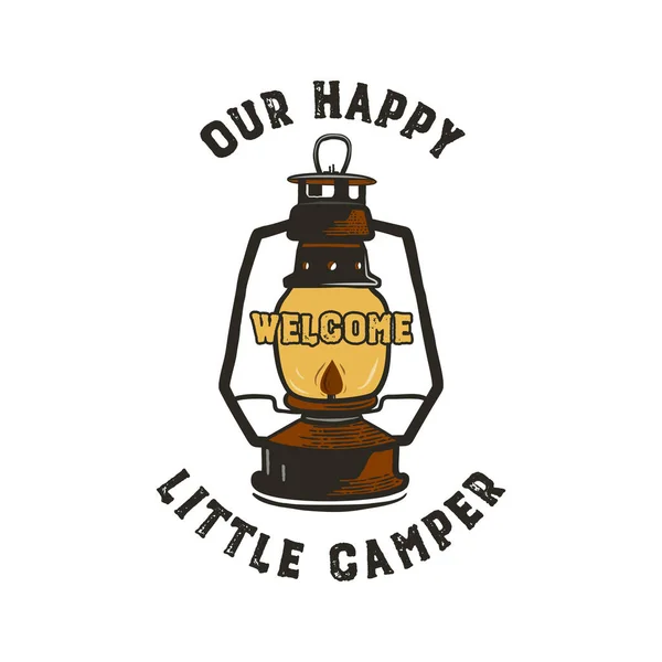 Diseño Insignia Camping Nuestra Pequeña Cita Campista Feliz Con Ilustración — Vector de stock