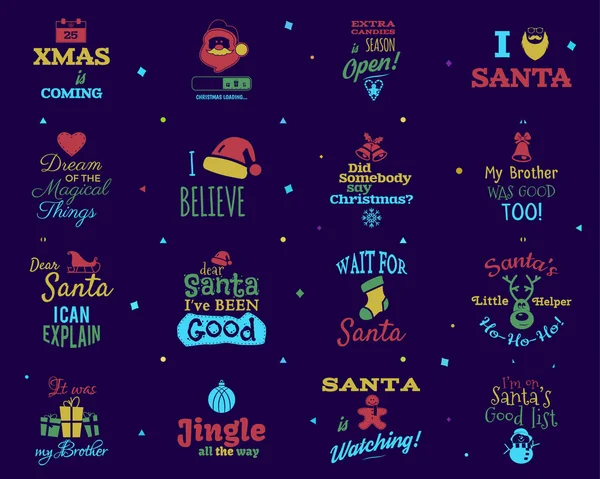 圣诞报价设定 有趣的圣诞节和快乐的新年排字艺术 趋势的颜色 我喜欢桑塔标志等 在黑暗背景下孤立的种群向量说明 — 图库矢量图片