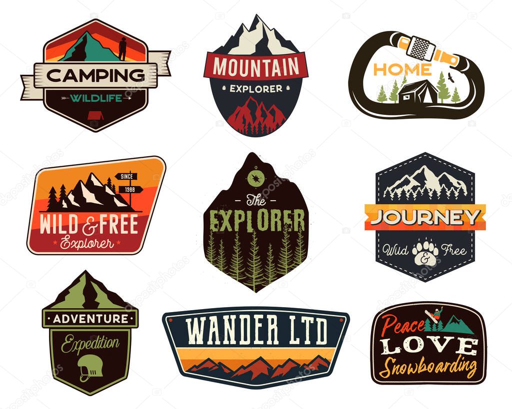 Vintage outdoors logos set. Hand drawn mountain travel badges, wildlife emblems. Camping labels concepts. Explorer illustrations. Stock vector patches isolated on white background