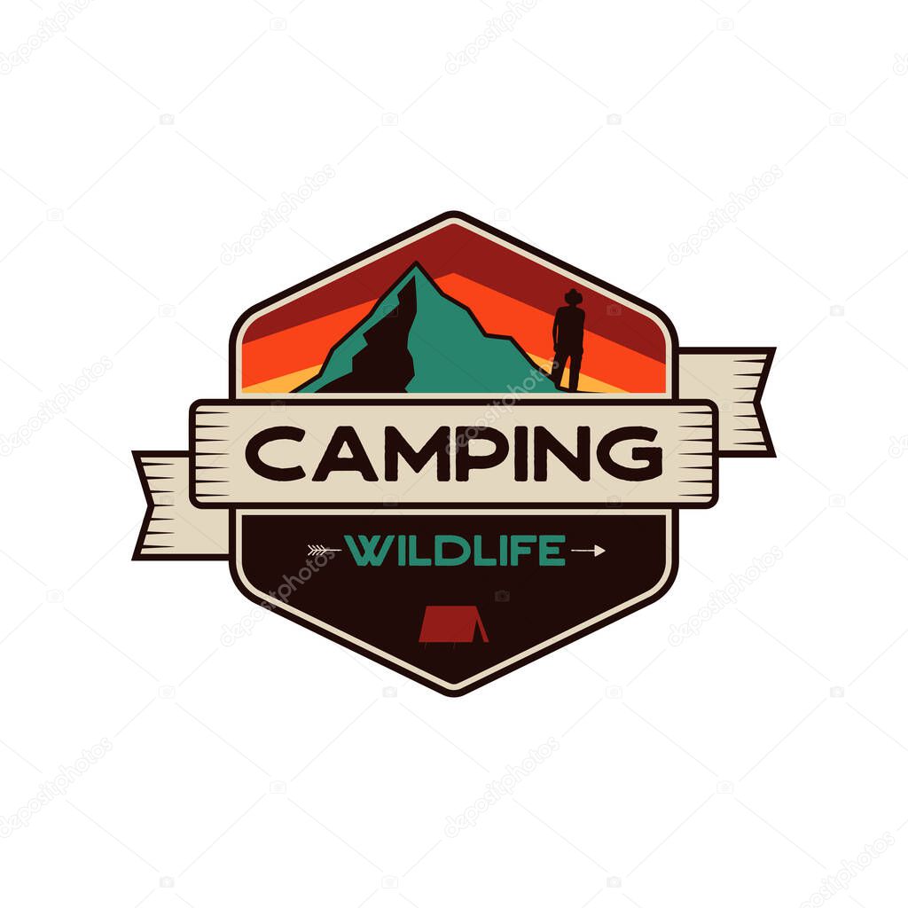 Camping Wildlife Badge. Mountain adventure emblem in retro colors style. Featuring mountains and hiker, camper man. Travel logo, patch. Stock vector wanderlust label isolated on white background.